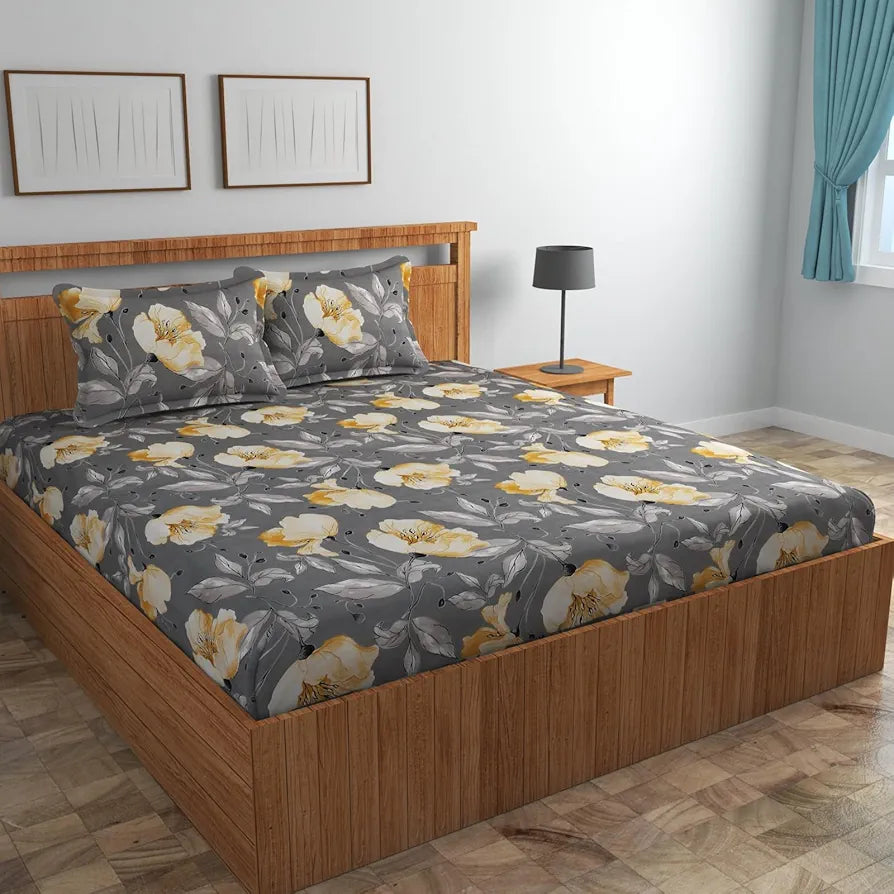 Homefab India 160 TC Glace Cotton Double BedSheet with 2 Pillow Covers -  - Grey, Floral